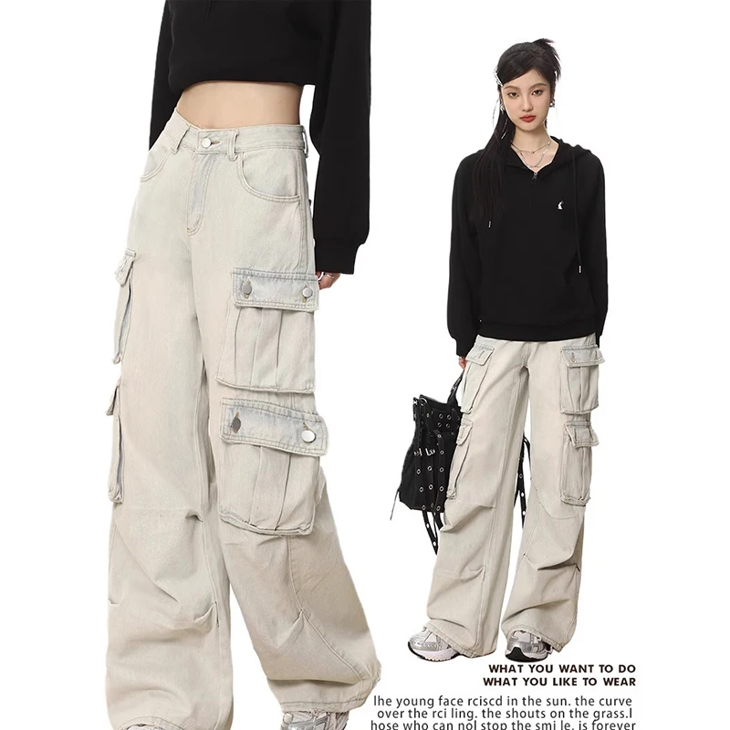 

High Street Multi Pocket Jeans American Vintage Straight Leg Cargo Pants Loose High Waisted Wide Leg Trousers Y2K Streetwear