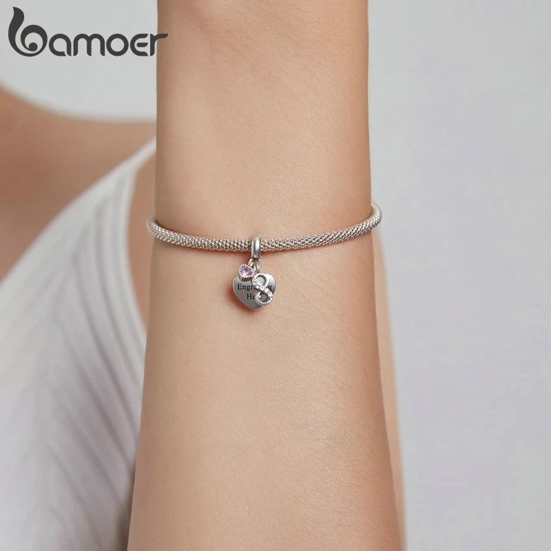 Abalorio de plata de ley 925 con grabado de letras, nombre personalizado, colgante de corazón de circonita para mascotas, compatible con Pulsera Original, joyería