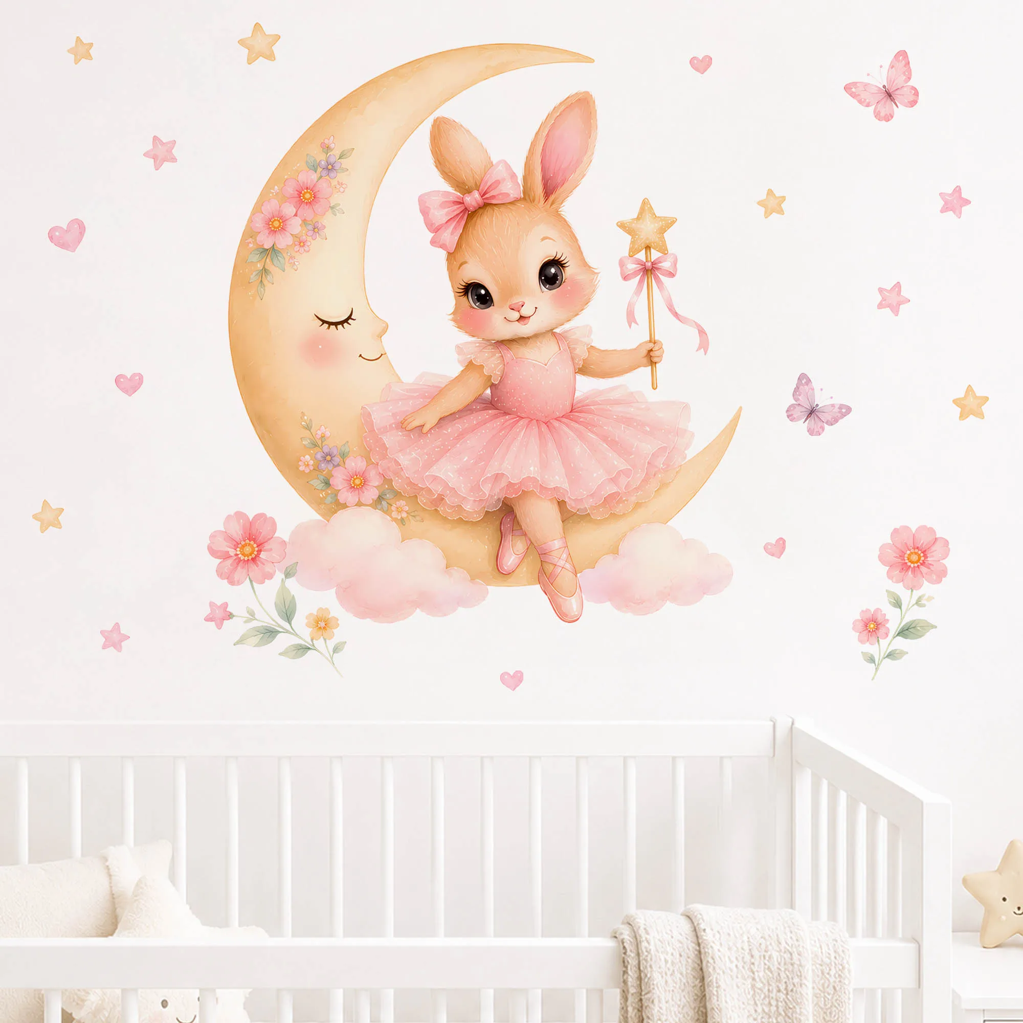 Watercolor Ballerina Bunny Moon Wall Stickers Pink Tutu Rabbit Star Wand Wall Decals for Kids Baby Girls Room Bedroom Home Decor view 2