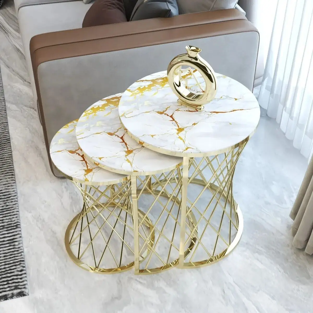 Marble Set of 3 Nesting Table Wicker Leg Unbreakable Tempered Glass Gold 3 Pcs Decorative Nesting Table Set for Living Room