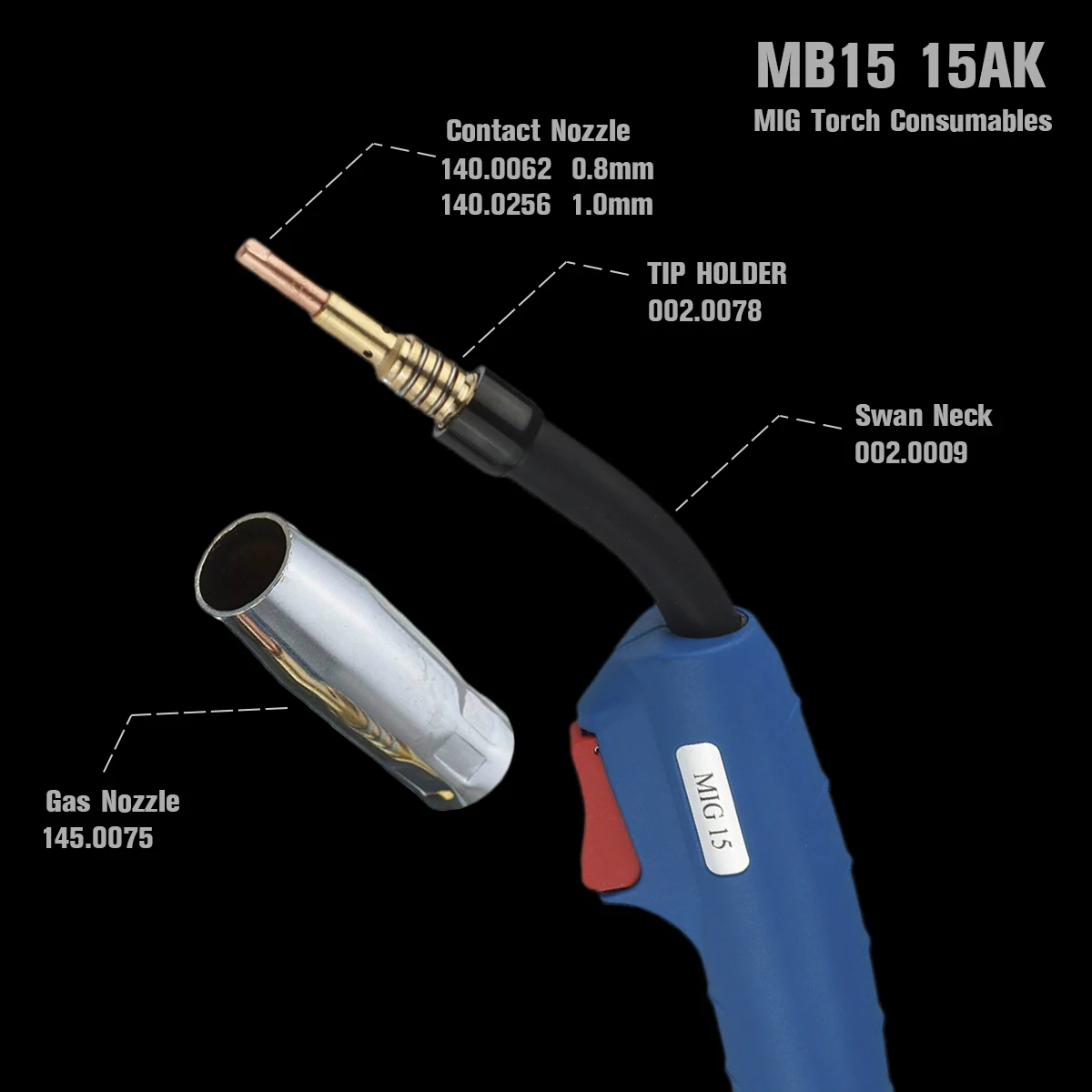 15AK MB15 M6 * 25mm Contact Tip Gas Nozzle 0.8mm / 1.0mm MIG / MAG Welding Torch PKG/10