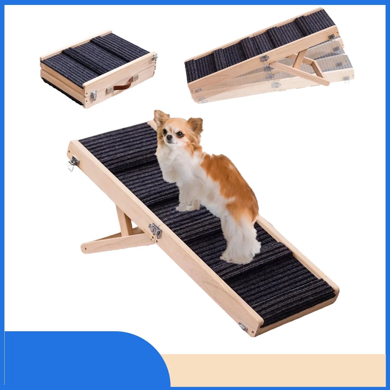 Rampe portative pliante en bois pour animaux de compagnie, avec hauteur réglable antidérapante, magasin et transport pour petits chiens, chiens miniatures et chats