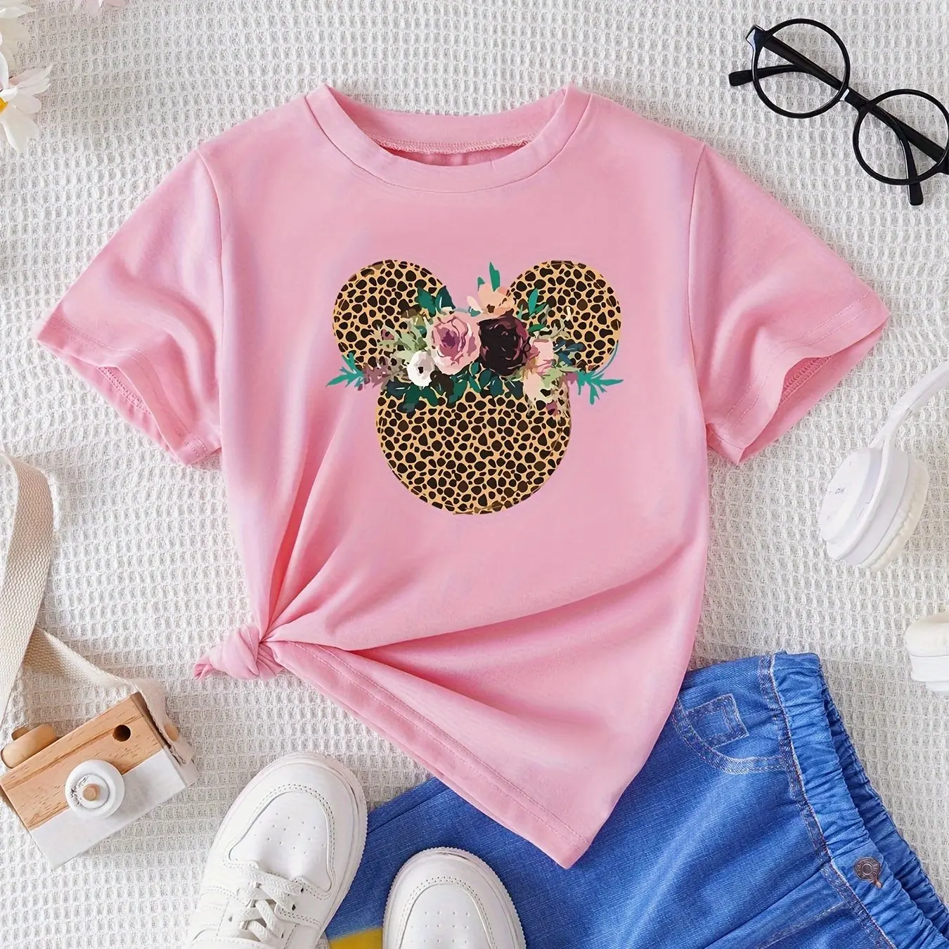 Flora Graphic Leopard Mickey Pattern Summer Kids/Adult Short Sleeve T-Shirt Girls Casual Comfortable Streetwear