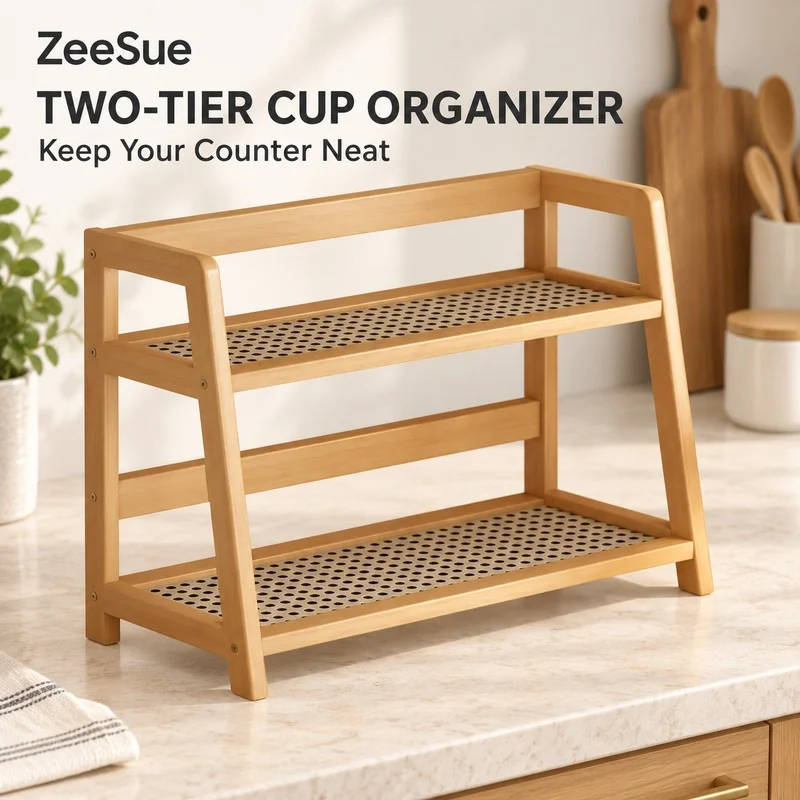 ZeeSue 2-Level Wooden Mug Holder and Kitchen Counter Organizer, Space-Saving Cup Display Rack with Open Design, 27 × 17.5 × 28.5