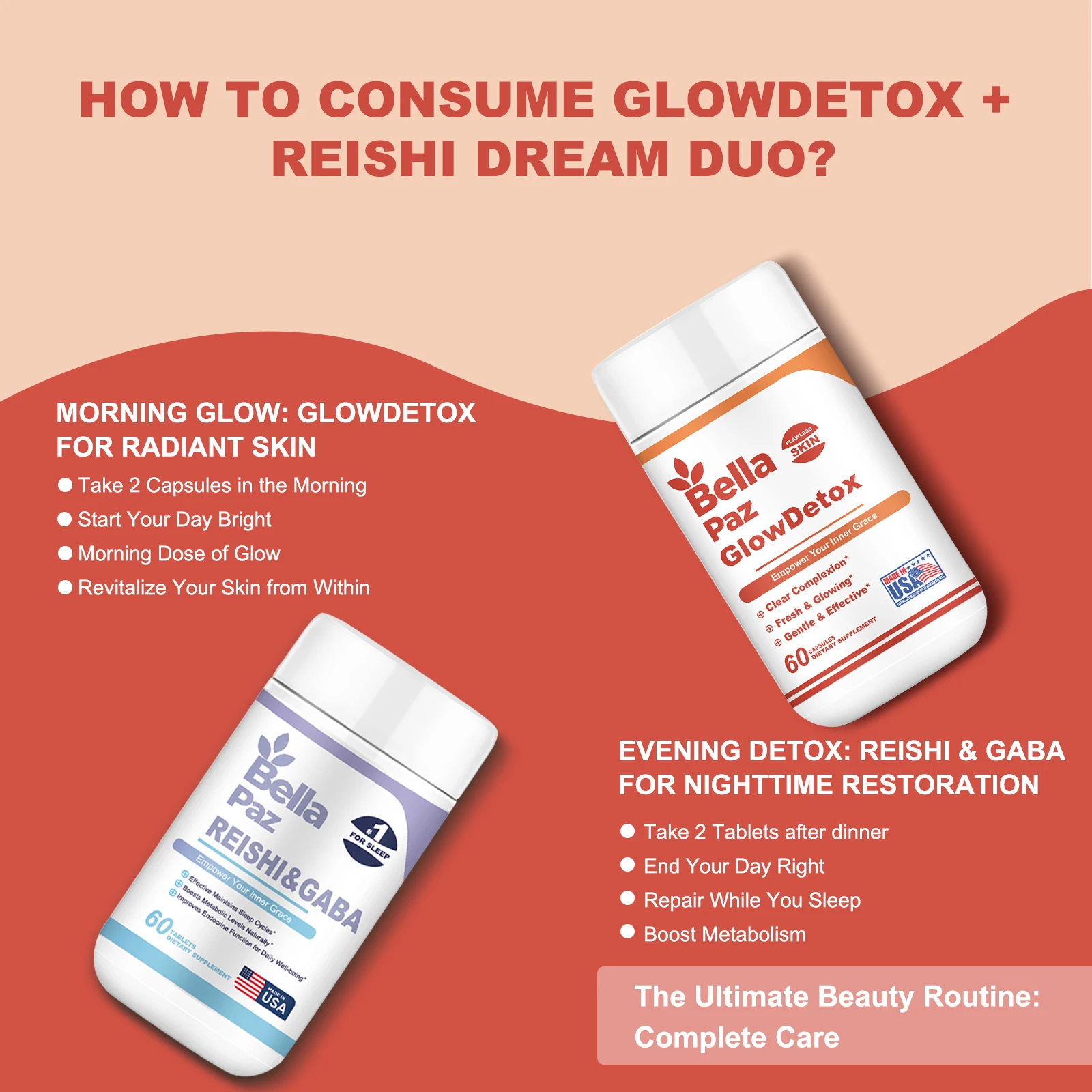 BellaPaz-GlowDetox و Reishi و GABA حزمة ، عناية كاملة على مدار 24 ساعة لجمال مشع ، تعزيز العافية ، نوم مريح