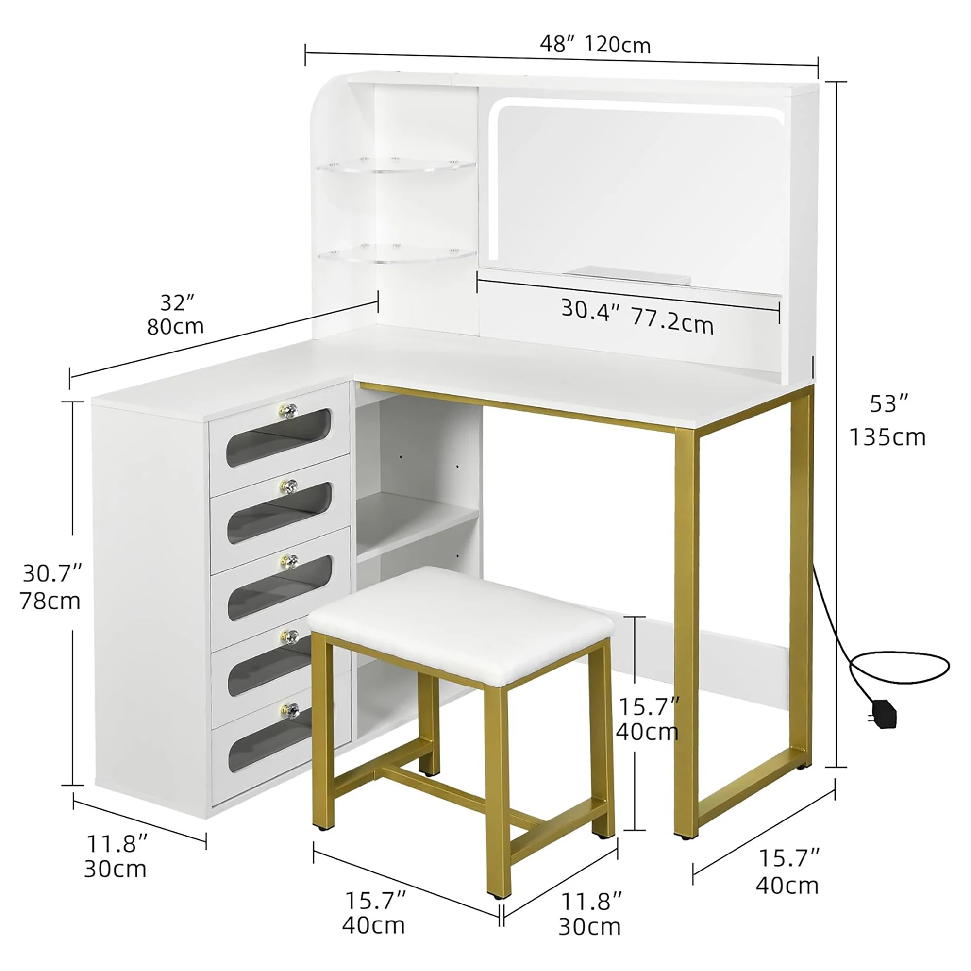 طاولة زينة Rosahqnda مع طاولة زينة بإضاءة مرآة مع أدراج ومقعد من اللوح الأبيض
