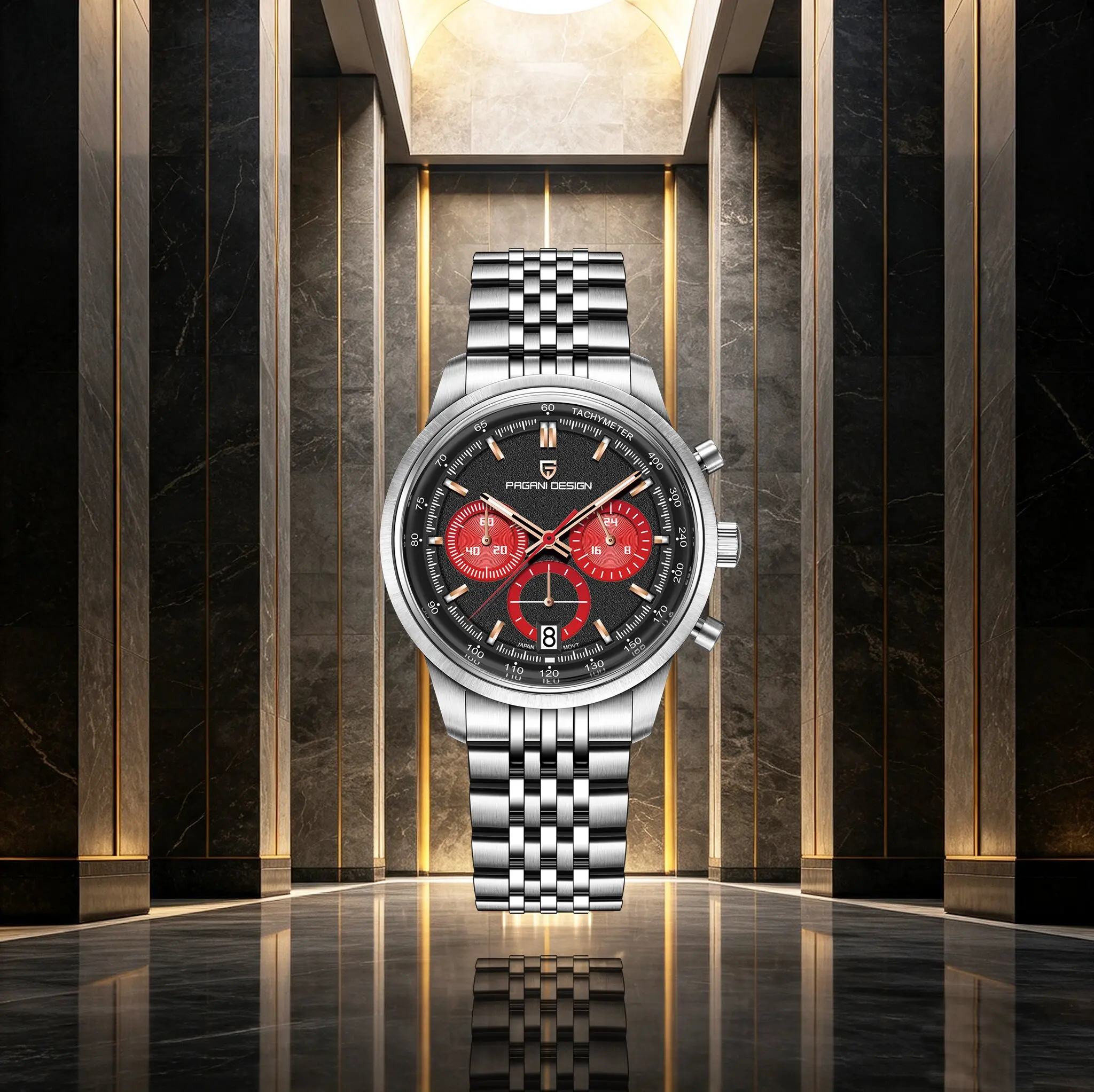 PAGANI DESIGN Mens Quartz Watches For Man Retro Racing Style Stainless Steel Luminous Tachymeter 3 Sub‑Dials Waterproof Watches