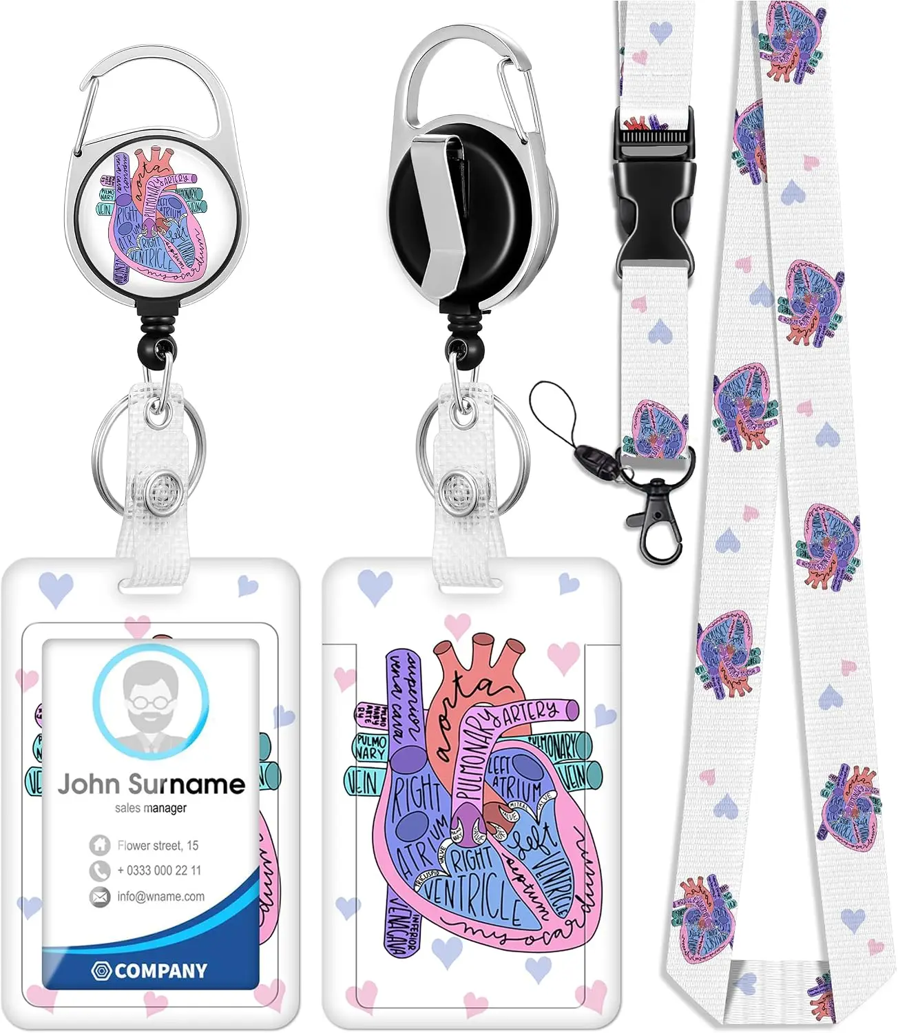 Badge Holder with Lanyard and Retractable Badge Reel Clip, Heart Anatomy Card Name Tag Lanyard Vertical Id Protective Strap Clip Suitable for Nurses, Doctors, Students