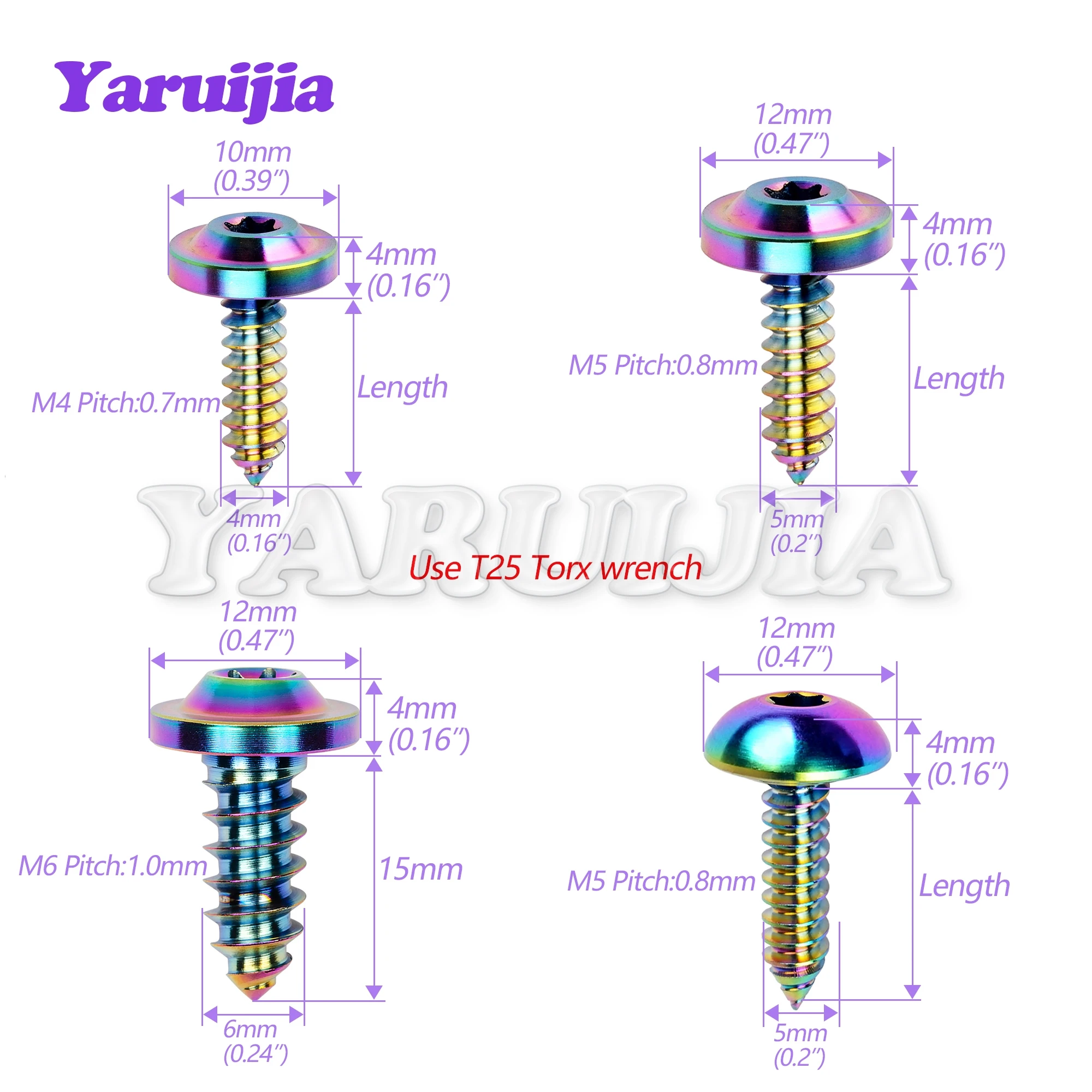 Yaruijia Titanium Bolt M4/M5/M6x15/17/20mm Torx Head Self-Tapping Button Screw for Motorcycle Bike Car 6pcs