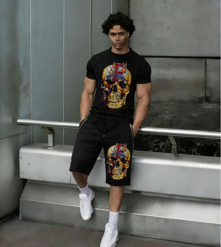 

Exceptional Brand Tracksuit Designer Summer Men Set Polished Men Outfits Magnificent Rhinestone Men's Casual Suit Well-Fitted Me