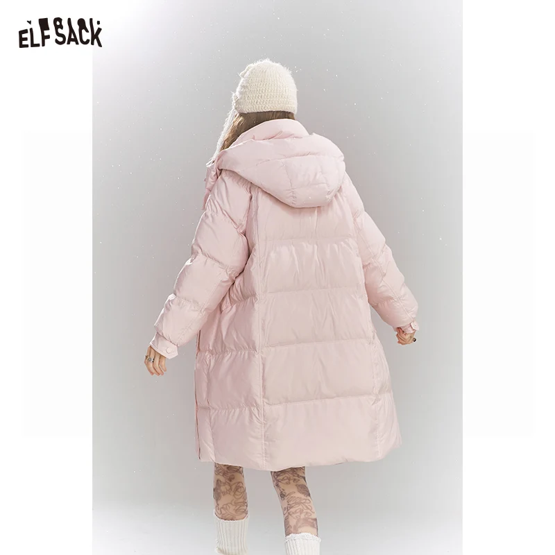 ELFSACK 2024 Winter New Arrivals Sweet Preppy style hooded down jacket for women long warm thick coat