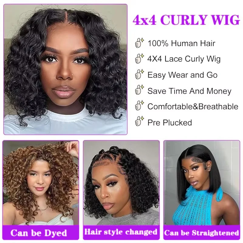 Perruque Lace Front Wig Deep Wave Brésilienne Bouclée, Cheveux Non Traités, 4x4, Densité 200%, # 1B, pour Femme Noire