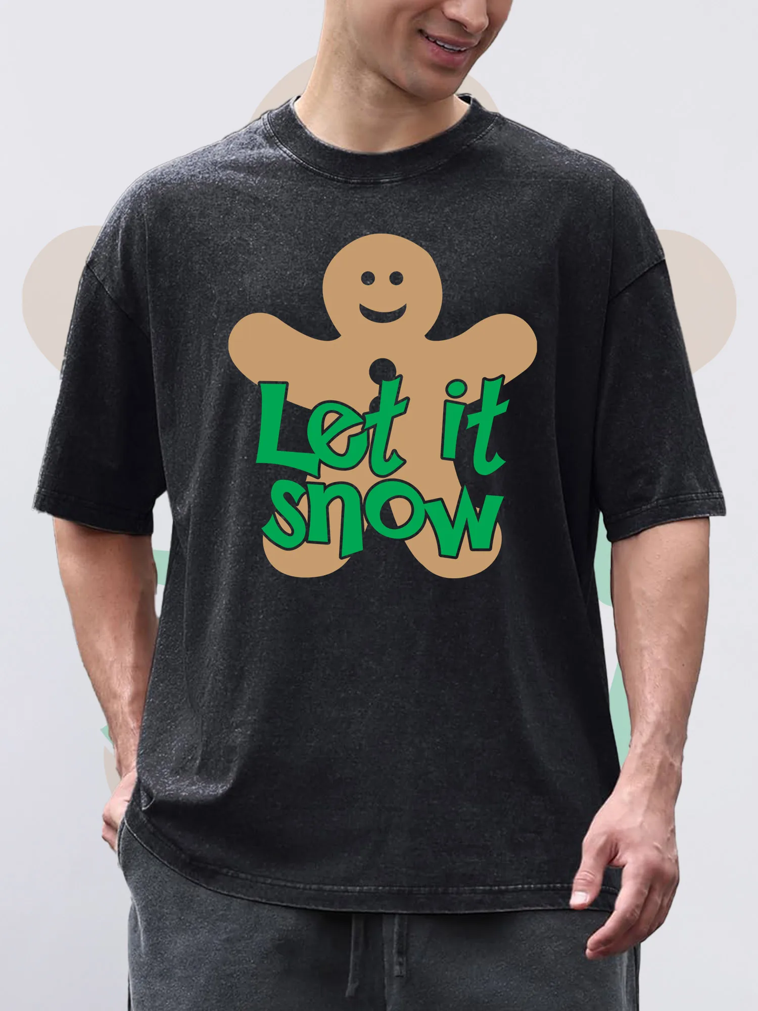 

Men's T-Shirts LET IT SNOW Printed Black Short-Sleeved Round Neck 100% Pure Cotton Acid Wash Suitable For Christmas