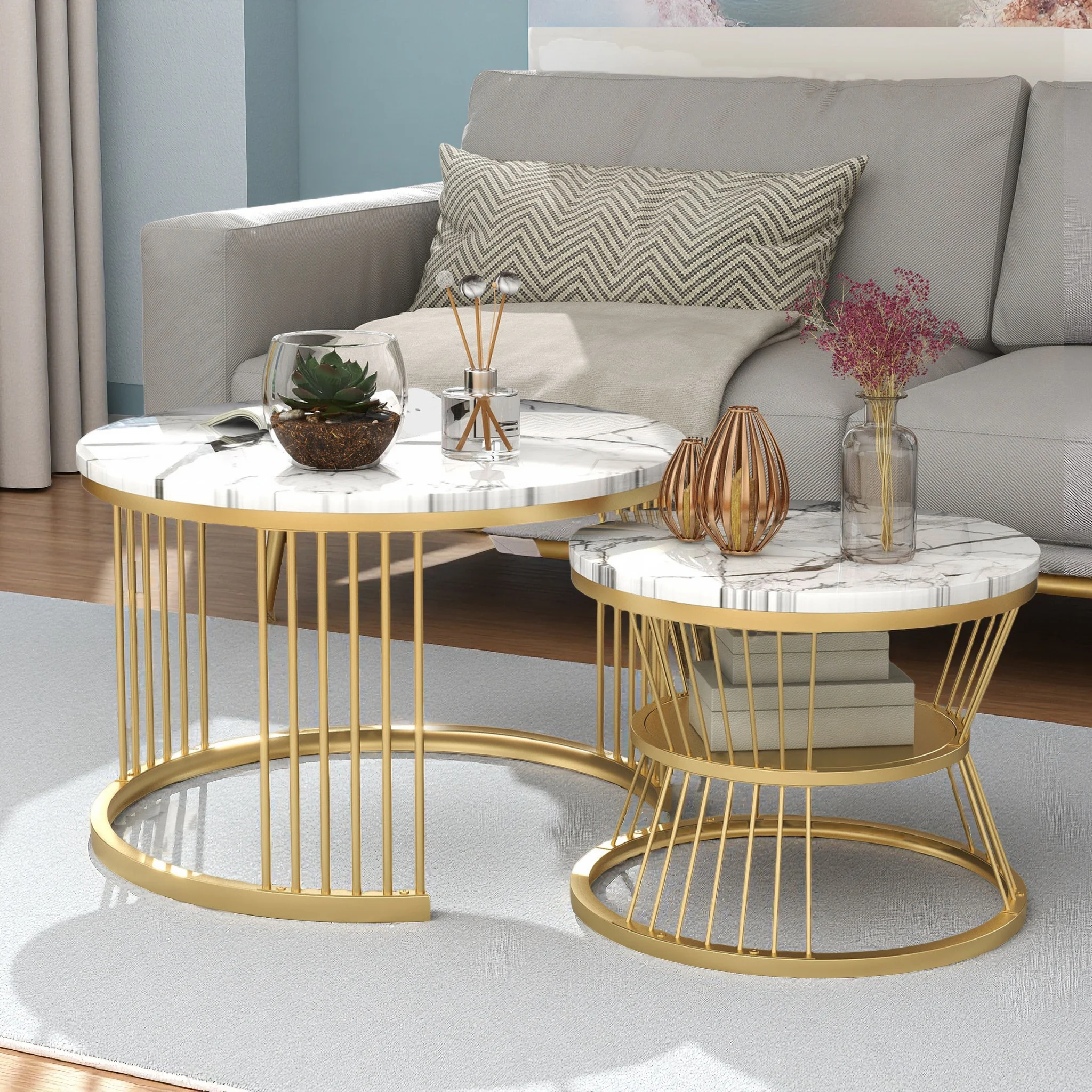 Comanlai Table basse gigogne moderne ensemble de table basse placage de marbre canapé côté nid de tables tables d'appoint rondes cadre doré