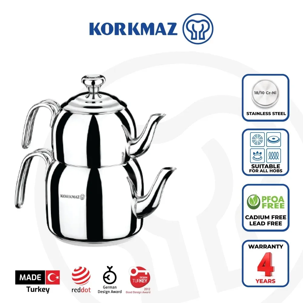 Korkmaz Droppa Turkish Teapot Set Stainless Steel Double Kettle Tea Maker Midi 2.3L/77.7FlOz Maxi 3.4L/115FlOz Mega 5.5L/186FlOz