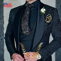 Formal Floral Men's Suit Wedding Groom Tuxedo Three Piece Black Party Dress Slim Fit Design Elegant Men's Suit