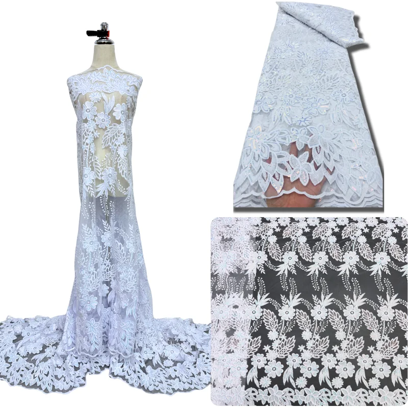 

Чисто белая молочная шелковая ткань, африканская кружевная ткань с блестками, высококачественный тюль, свадебный материал для шитья свадебного платья по 5 ярдов