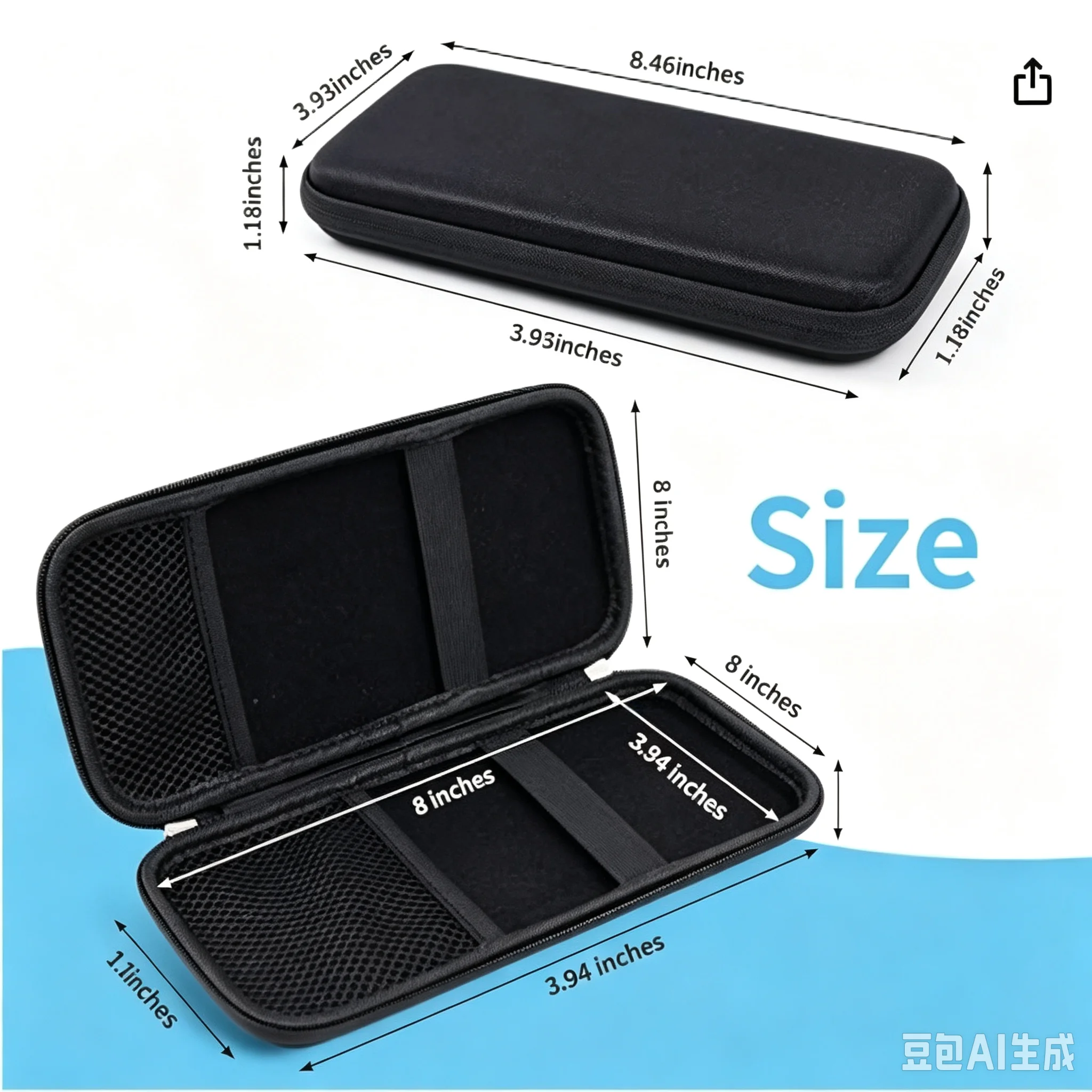 Black Hard EVA Pencil Case Shockproof Waterproof Pen Carrying Case Oxford Fabric Stationery Storage Box with Mesh Pocket Elastic Bands for Students Adults