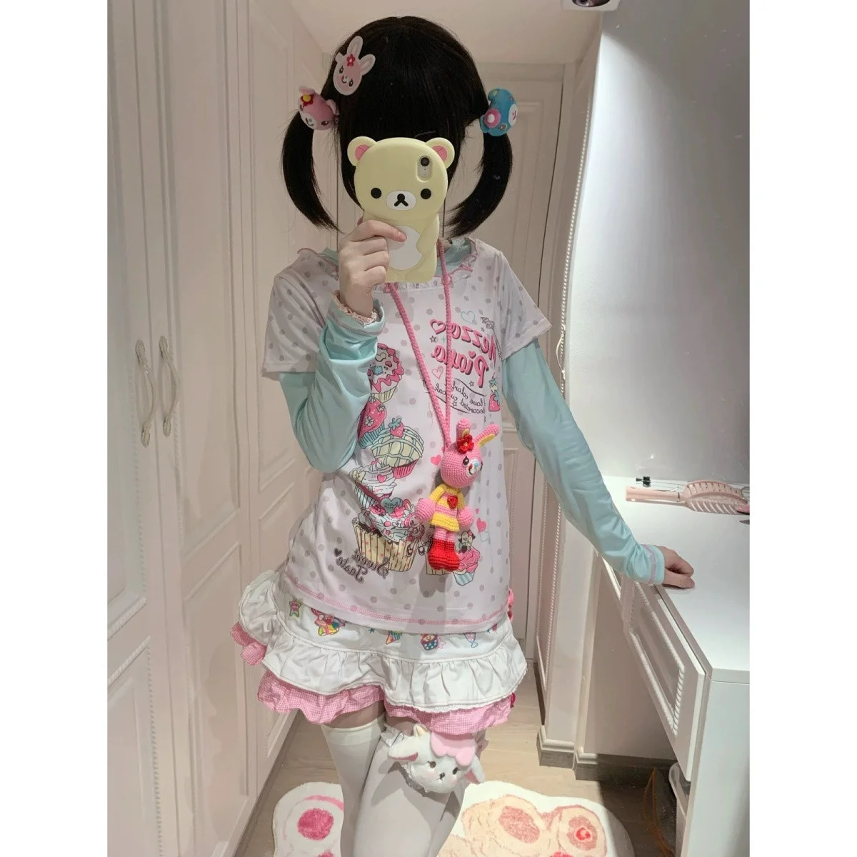 Japanese Sweet Cartoon Polka Dot Print Women T-shirt Loose Kawaii Contrast Color Cute Graphic Tee Tops Y2k Aesthetic Tshirts