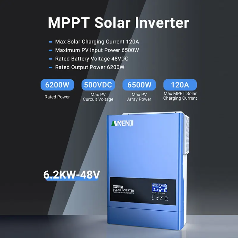 6.2KW Solar Hybrid Inverter 48V Solar Inverter On-grid 220Vac Built-in WIFI & 120A MPPT Solar Charge Controller For PV 500Vdc