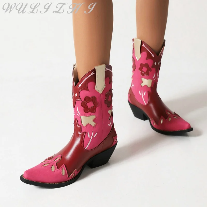 Vintage Embroidered Thick Heel Short Boots Pointed Toe Pattern Medium Heel Red Western Cowboy Boots Women Slip On Mid Calf Boots