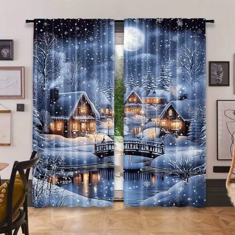 2pcs Snowy Cottage Christmas Curtains Cozy Design Polyester Window Decor for Holiday Living Room Bedroom Rod Pocket Curtains