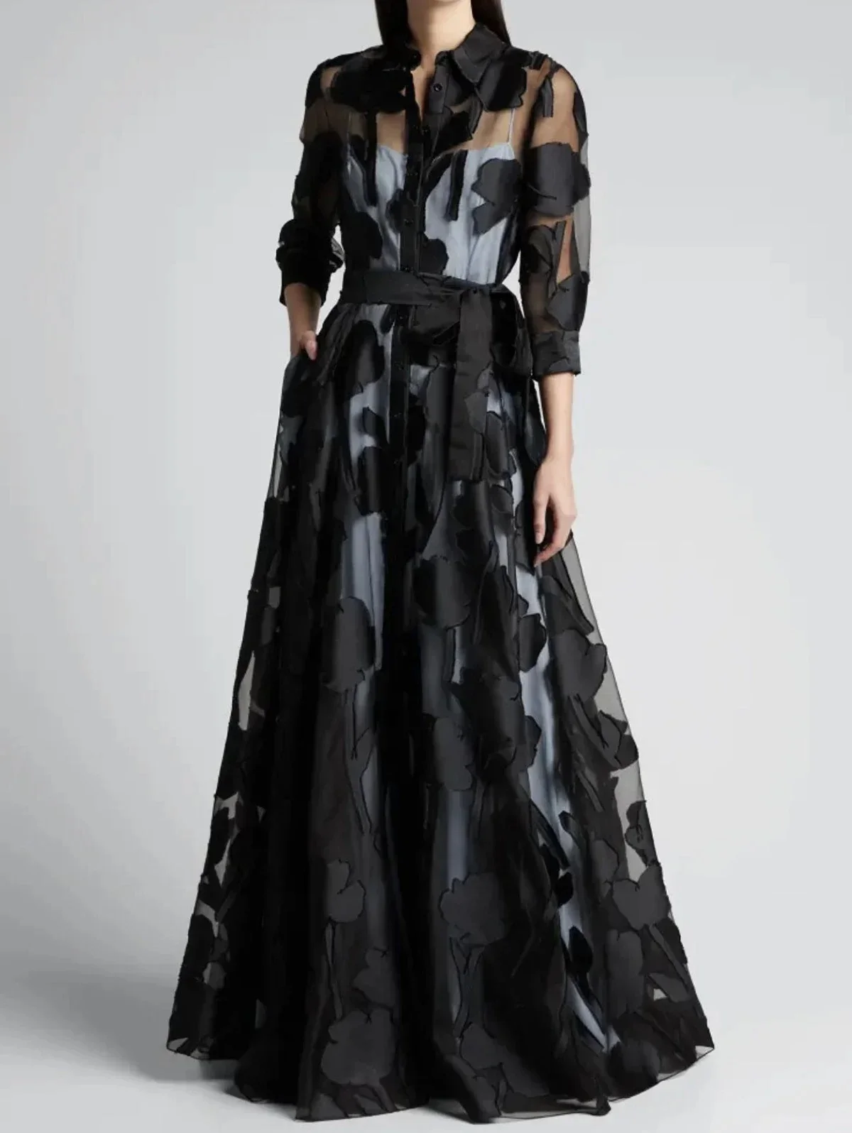 Mode Herfst Jurk voor Vrouwen Polk Dot Elegante Kraagvorm Transparant 3/4 Mouw Elegant Casual Vintage A-lijn Lange Jurk - afbeelding 2