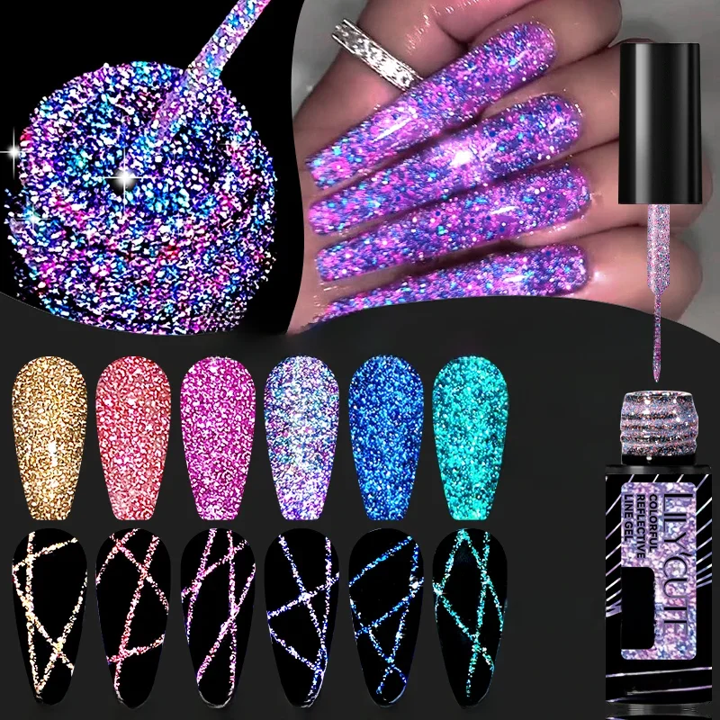 LILYCUTE 6Pcs/Set 5ml Reflective Glitter Liner Gel Polish Champagne Sparkling Lines Nail Art Painting Gel Semi Permanent UV Gel — zdjęcie 2