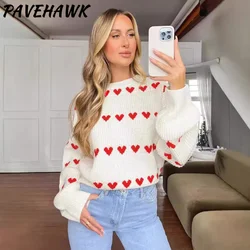 Women O Neck Heart Print Sweaters Loose Long Sleeve Patchwork Knitted Sweater Sweet Autumn Winter Pullover Knitwear Streetwear