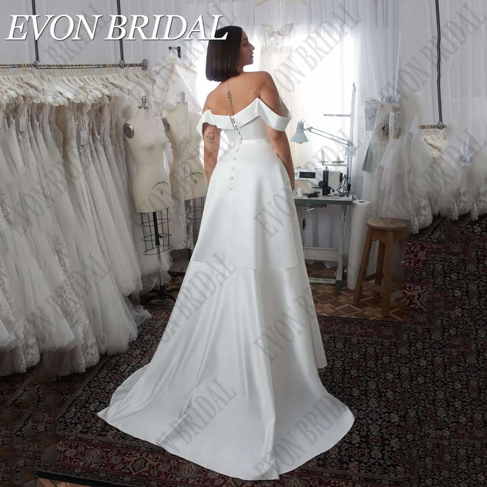 EVON gaun pengantin bahu terbuka wanita ukuran besar V-Neck Satin A-Line gaun pengantin elegan De Novia gaun pengantin Split Sisi