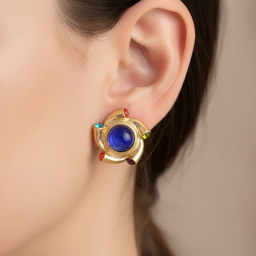 أقراط كلاسيكية فاخرة باللون الذهبي للنساء حجر زجاجي أزرق كبير مجوهرات عصرية مبالغ فيها هدية زفاف #1