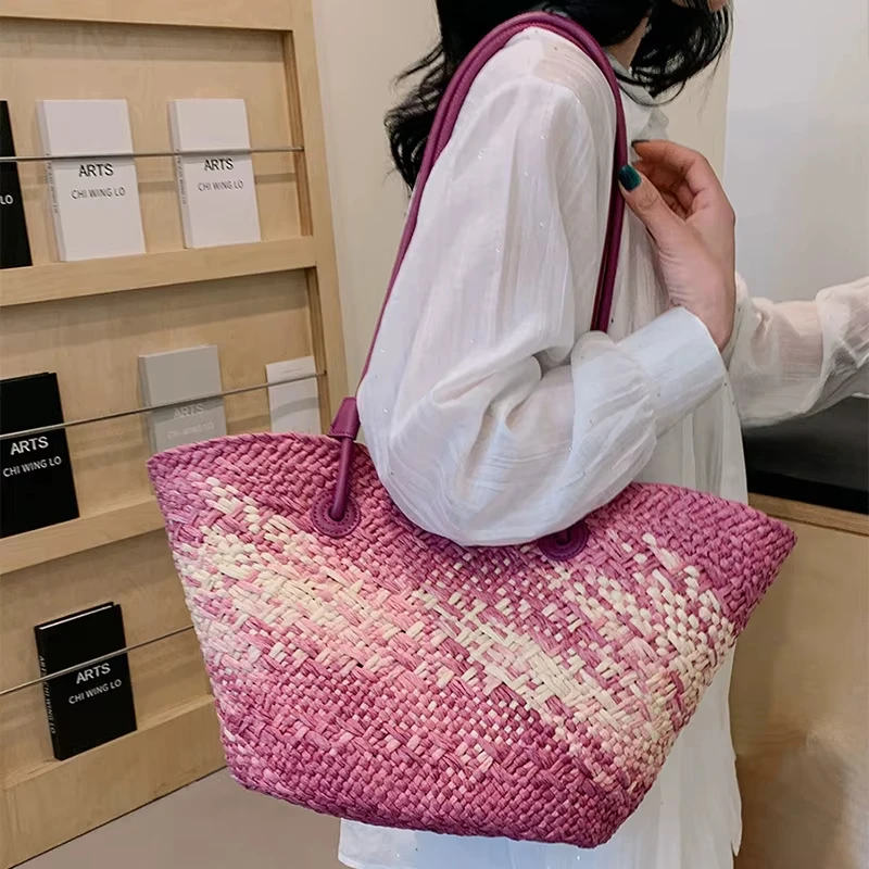 

Summer Gradient Color Straw Shoulder Bag Boho Grass Woven Tote for Beach Vacation Travel Shopper Market Basket Handbag