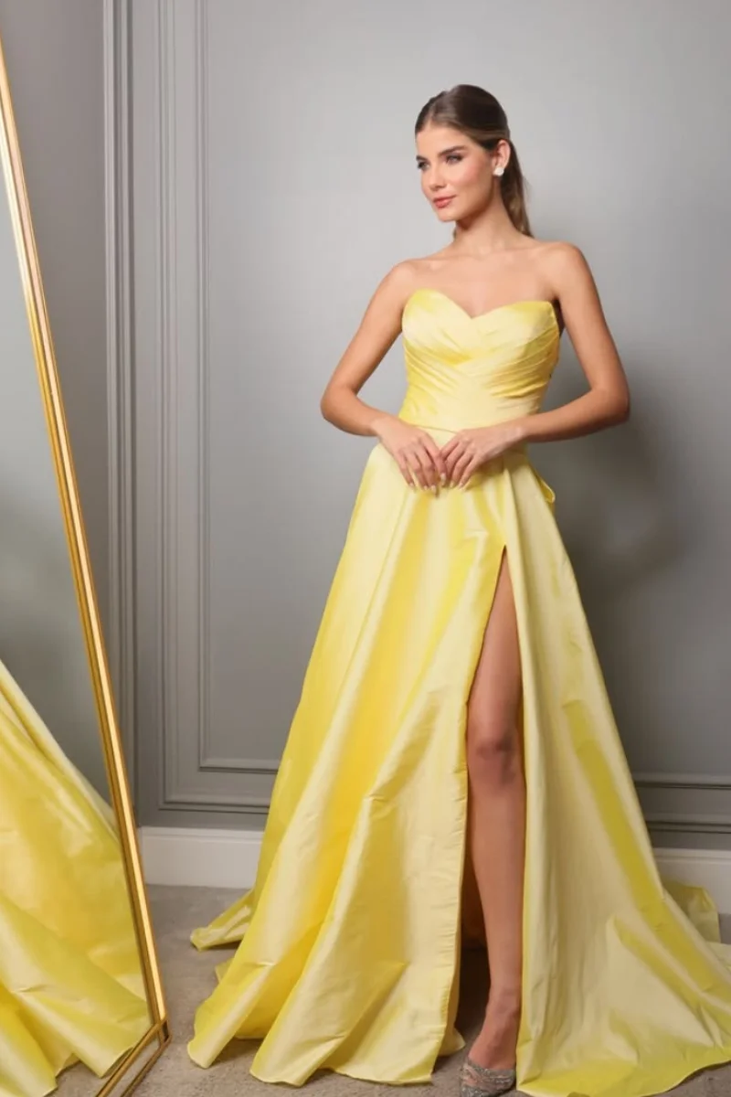 Jessica Formal Occasions Evening Dresses Yellow Pleated Taffeta Prom Dresses A-Line, Off-Shoulder, Side-Slit Party Dresses