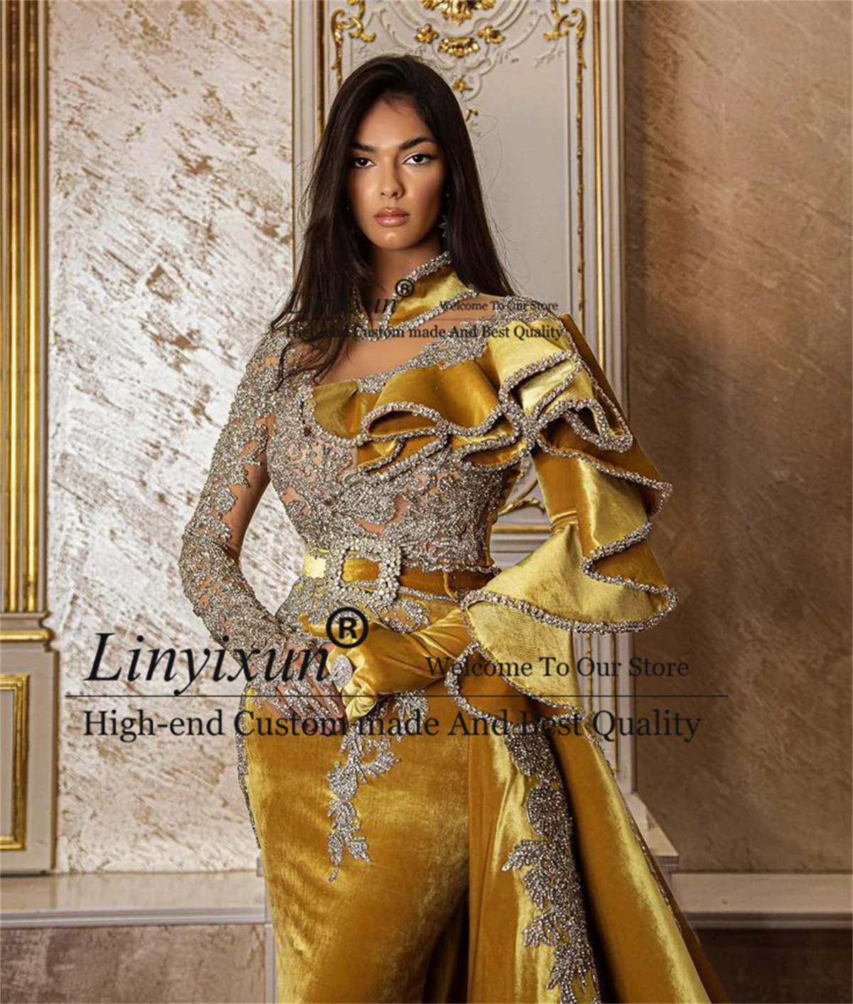 Gold Velvet Mermaid Prom Dresses Sequins Appliques Long Sleeves Formal Evening Party Gowns Pleat Detachable Train Robe De Soiree