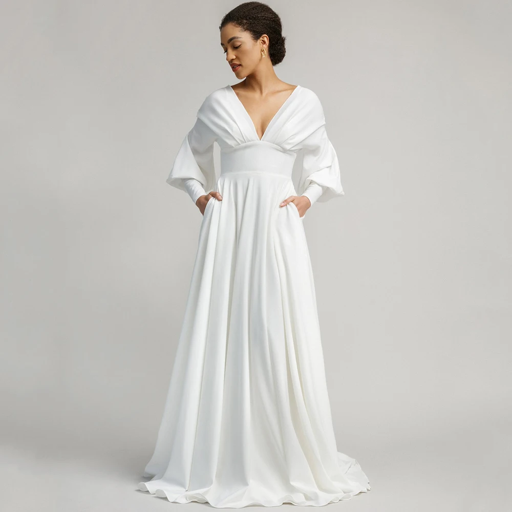 Civil Bridal A-Line Wedding Dress Classic V-Neck Long Sleeve Floor Length with Pocket and Buttons Sexy Backless Sweep Train Gown