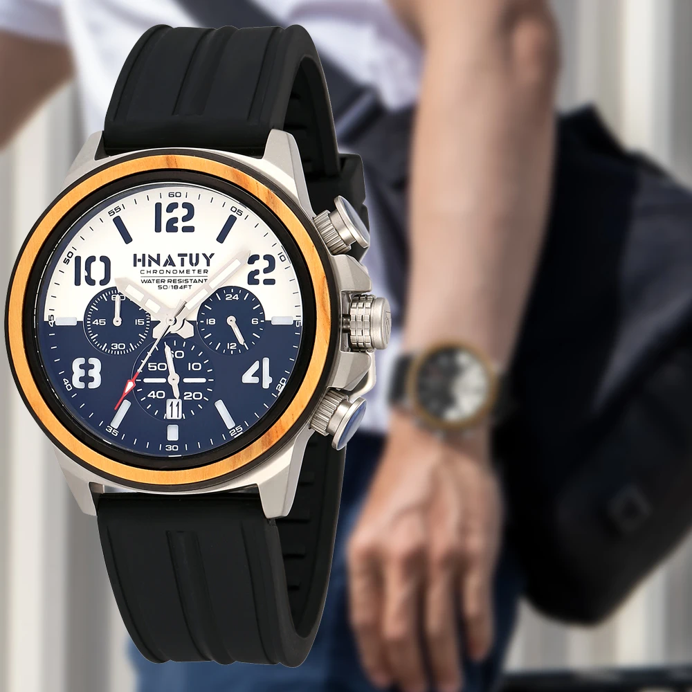 HNATUY-reloj deportivo para hombre, cronógrafo de cuarzo, resistente al agua, 5bar, con caja de acero inoxidable, Luxuri