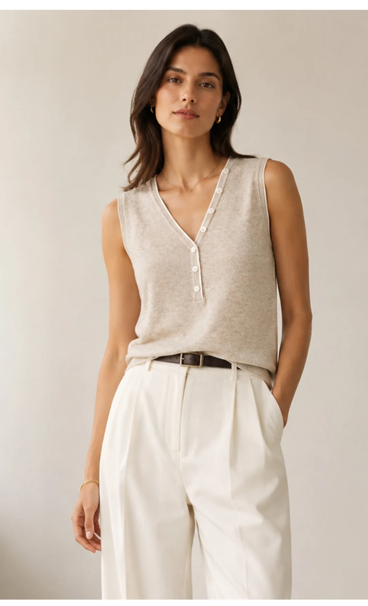 ML62129 Damen Vintage V-Ausschnitt Ärmellose Strickweste mit Kontrastbesatz und Knopfleiste aus Modal-Mischgewebe, Sommerliches Casual-Oberteil – Detail 3