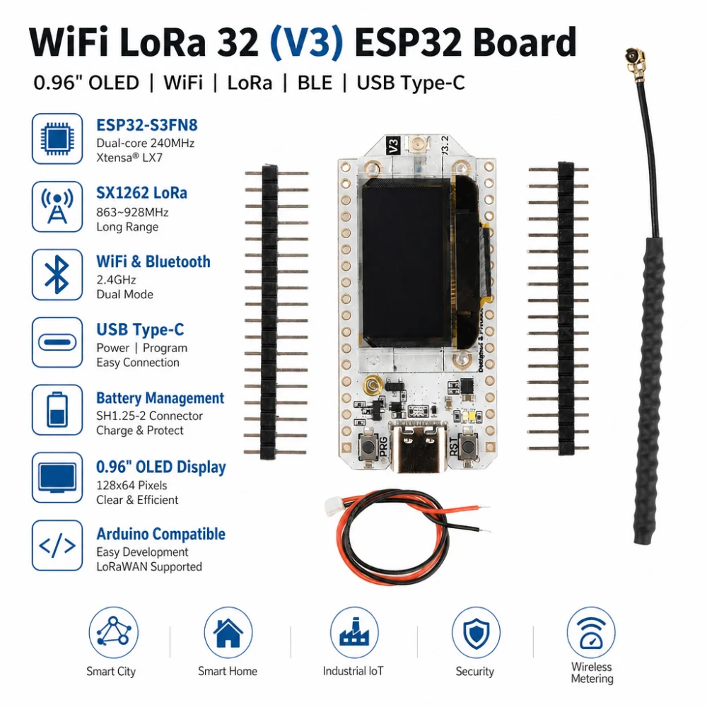 Heltec 0.96-Inch WiFi LoRa 32 (V3) ESP32 Bluetooth WiFi Development Board, 863–928 MHz, Featuring SX1262 and ESP32-S3FN8 Chips, Type-C Connector, Supports Meshtastic Mesh Networking and Paxcounter, Suitable for IoT Development and More