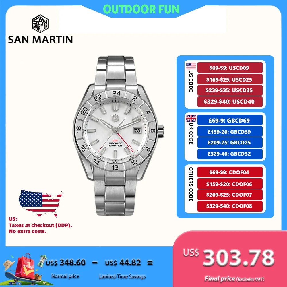 

San Martin 42 мм Мужские часы NH34 GMT Натуральный циферблат швабры 3H Date Swim Автоматический сапфир BGW-X1 Синее светящееся платье Reloj SN0130