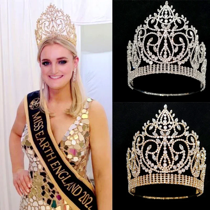 Miss Aarde Engeland Kroon Crsytal Bloem Blad Strass Grote Kronen Bruid Tiara 'S Bruiloft Haaraccessoires - afbeelding 2