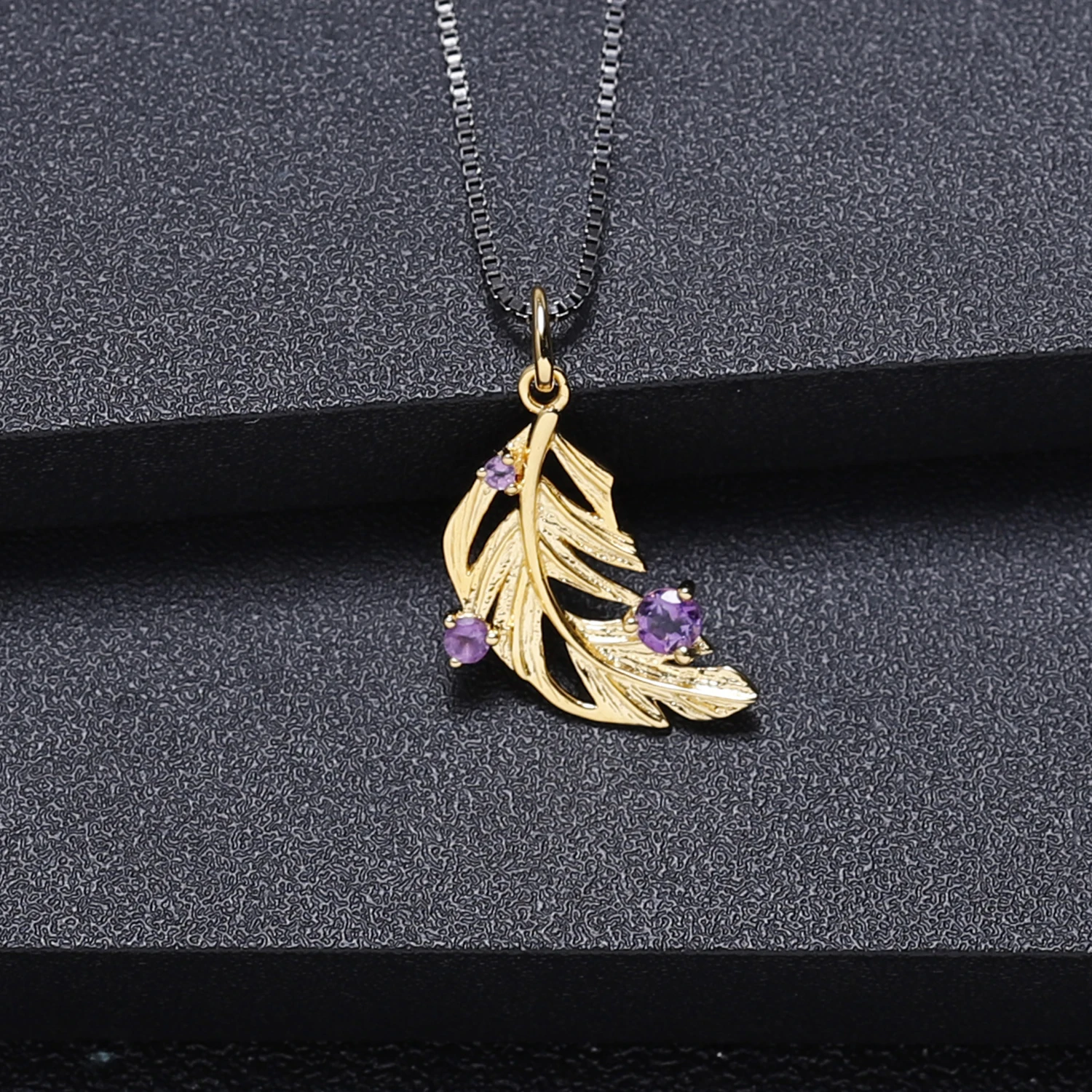 GEM'S BEAUTY Golden Feather Vintage Pendant 925 Sterling Silver Sweater Chain Necklaces Natural Amethyst Fine Jewelry for Women