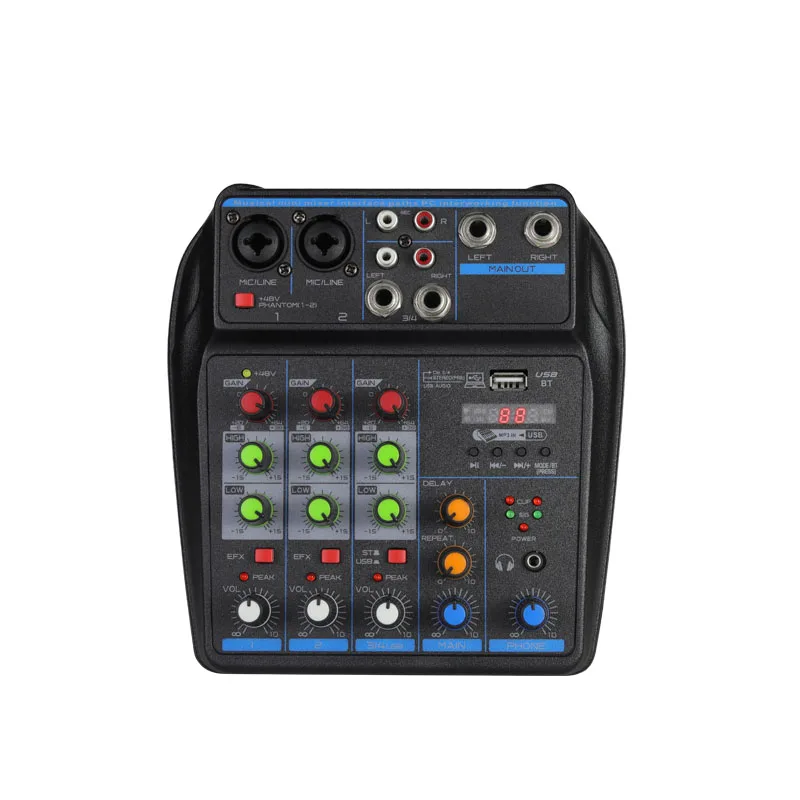 4-Channel Small Audio Mixer with Bluetooth, Usb, Mp3, 48V Phantom Power, for Mobile Phone and Computer Live Streaming, K-Song Mixer