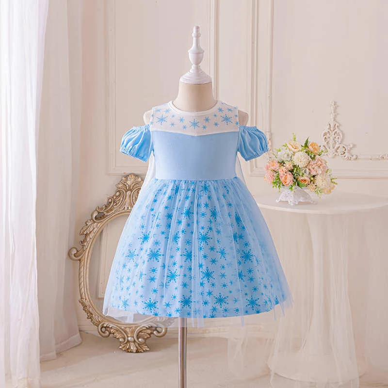 Girls Round Neck Blue Princess Dress Child Star Pattern Printed Mesh Poncho Dress With Cape Child Halloween Costume