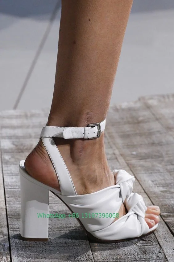 Lady daily PU white chunky heel pumps open toe buckle sandalss T show dress sandalss summer elegant high heels  footwear size 46