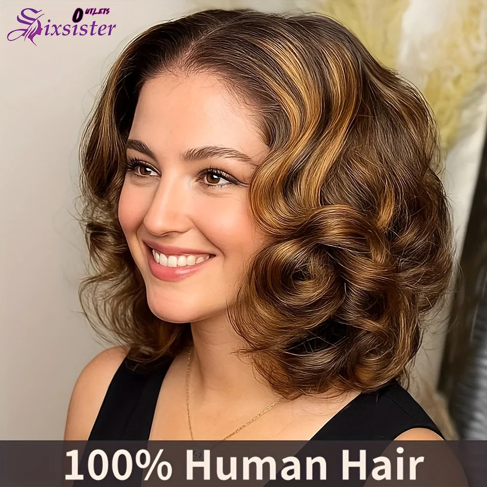 Peluca Bob corto ondulada para el cuerpo, peluca de cabello humano Frontal de encaje 13x4, cabello virgen brasileño, peluca Bob ondulada suelta, peluca de cabello de Color P4/27