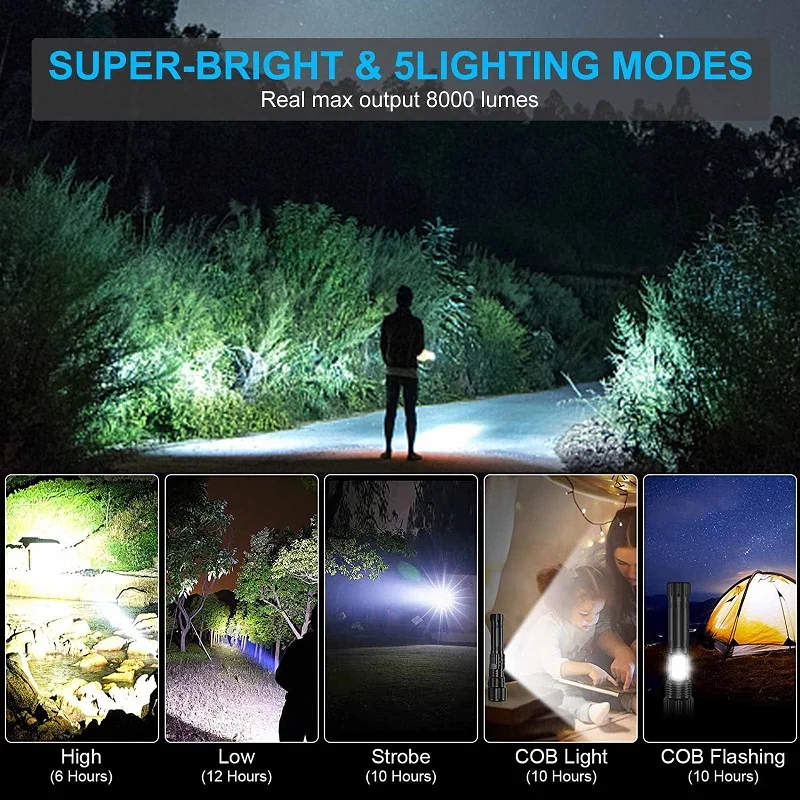 Wiederauf ladbare Taschenlampe hohe Lumen super helle Blitzlicht wasserdichte leistungs starke LED-Taschenlampen für Camping Wandern