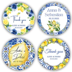 Personalized Lemon Gift Labels,Blue tile and Lemon Bridal Shower Stickers, 1.5in~3in Round/Square Sticker Labels Favor Tags