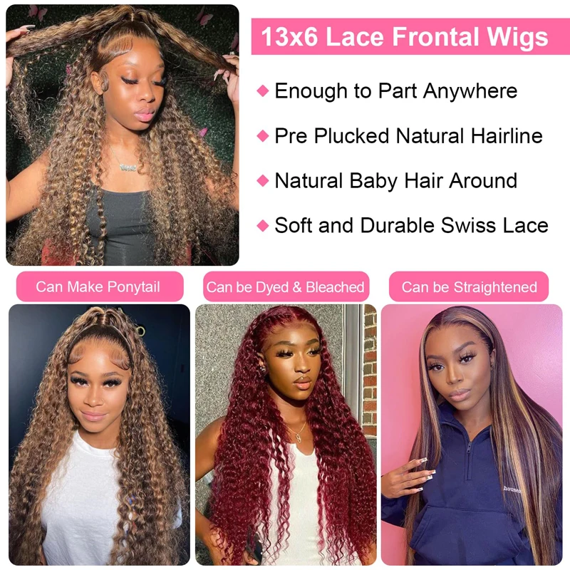 Ombre Water Wave Lace Frontal Wig para Mulheres, Cabelo Humano Brasileiro, Destaque, 13x6, 13x4, 30 ", 34", 4 27 Colorido, 100%, 200%