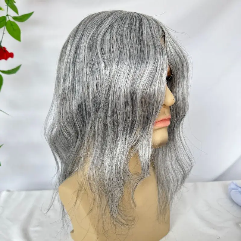 Pwigs-Toupet en dentelle française complète pour hommes, cheveux noirs 20% humains mélangés avec 80% synthétique, système de cheveux européens gris,