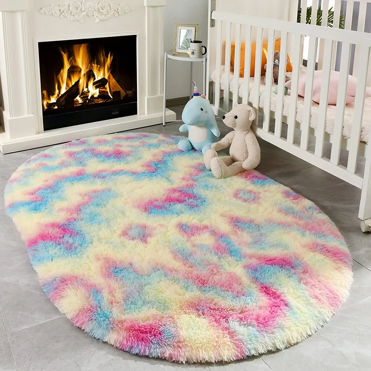 LOCHAS Fluffy carpets for living room decor Rainbow hairy carpet oval Area Rug long plush rugs for baby kids floor mats to play